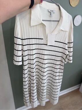 Cos Striped Knitted Mini Polo Dress In Ivory Size L